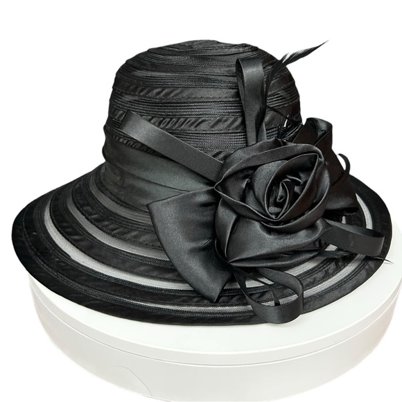 Black Ribbon Dress Hat Wide Brim Floral Bow Church Derby Tea Party Hat main image 8